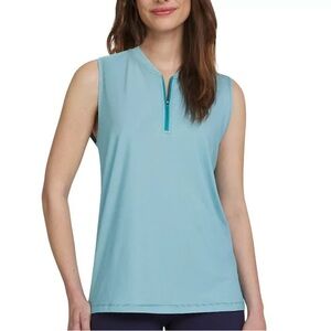 Lands' End Polo Shirt Women Active Quarter Zip Sleeveless Blue Large UPF 50 NEW